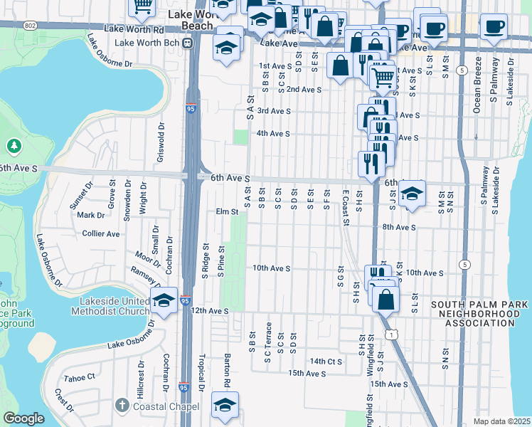 map of restaurants, bars, coffee shops, grocery stores, and more near 719 South C Street in Lake Worth