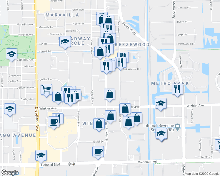 map of restaurants, bars, coffee shops, grocery stores, and more near 3789 Fowler Street in Fort Myers