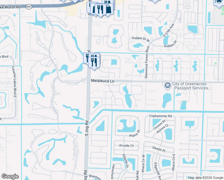 map of restaurants, bars, coffee shops, grocery stores, and more near 418 Pine Glen Lane in Greenacres