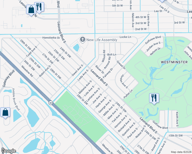 map of restaurants, bars, coffee shops, grocery stores, and more near 5013 Leonard Boulevard South in Lehigh Acres