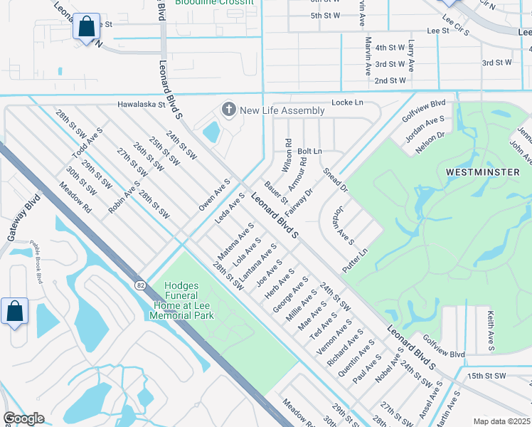 map of restaurants, bars, coffee shops, grocery stores, and more near 5013 Leonard Boulevard South in Lehigh Acres