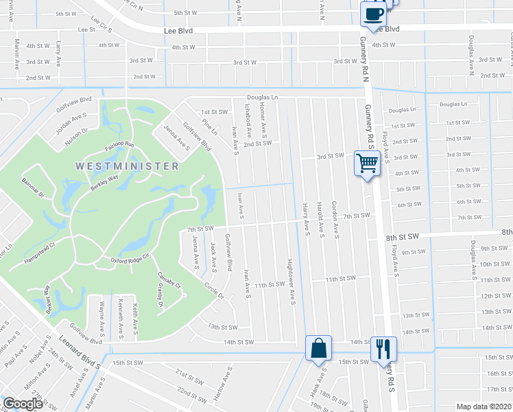 map of restaurants, bars, coffee shops, grocery stores, and more near 315 Ichabod Avenue in Lehigh Acres