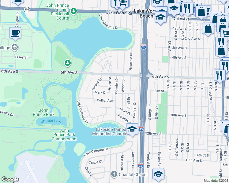 map of restaurants, bars, coffee shops, grocery stores, and more near 725 Snowden Drive in Lake Worth