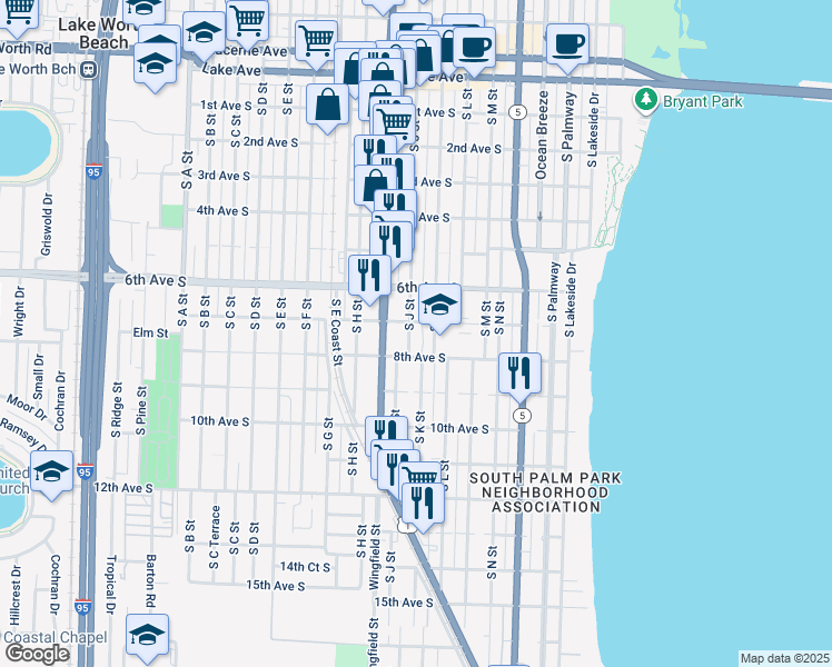 map of restaurants, bars, coffee shops, grocery stores, and more near 710 South J Street in Lake Worth