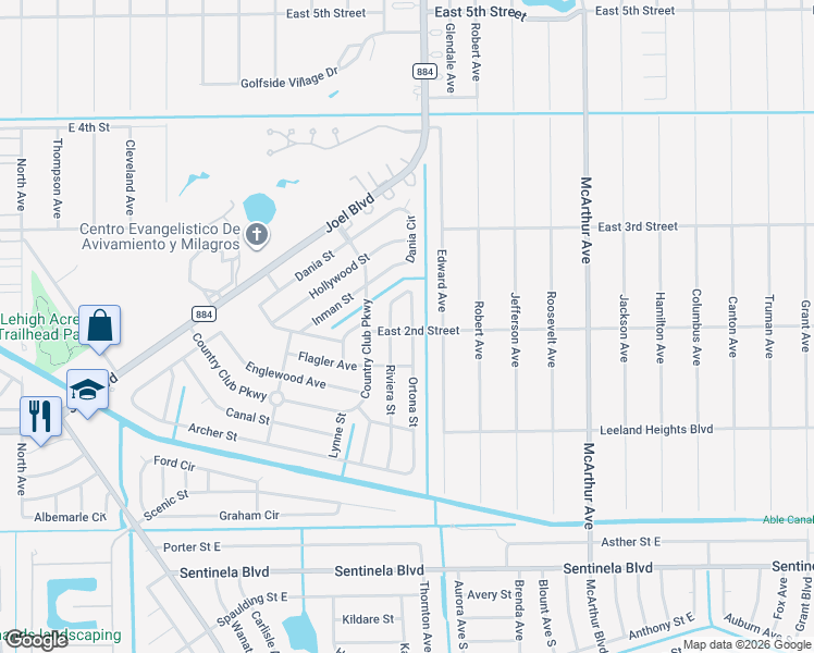 map of restaurants, bars, coffee shops, grocery stores, and more near 124 Sebring Circle in Lehigh Acres