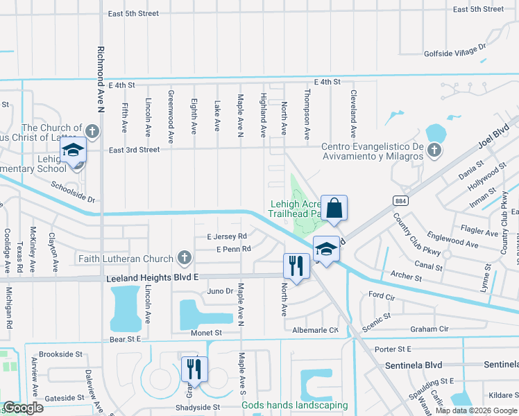 map of restaurants, bars, coffee shops, grocery stores, and more near 201 Highland Avenue in Lehigh Acres