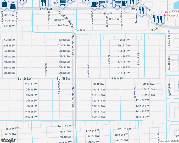 map of restaurants, bars, coffee shops, grocery stores, and more near 2928 7th Street Southwest in Lehigh Acres