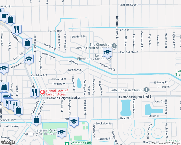 map of restaurants, bars, coffee shops, grocery stores, and more near 126 Texas Rd in Lehigh Acres