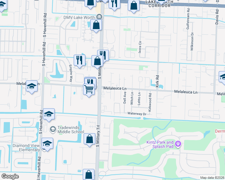 map of restaurants, bars, coffee shops, grocery stores, and more near 4390 Melaleuca Lane in Lake Worth