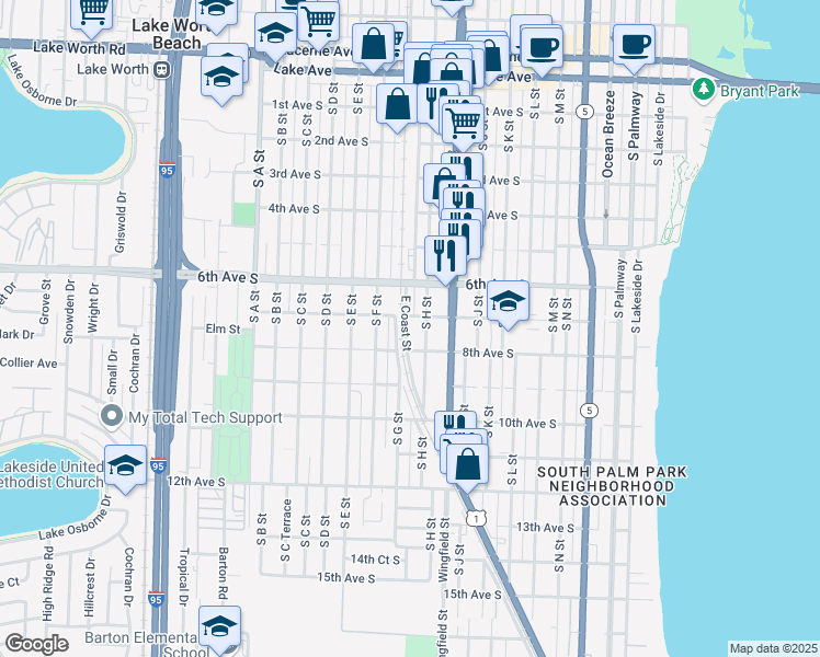 map of restaurants, bars, coffee shops, grocery stores, and more near 714 Southeast Coast Street in Lake Worth