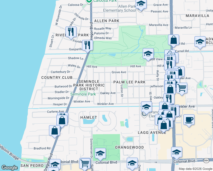map of restaurants, bars, coffee shops, grocery stores, and more near 3815 Arlington Street in Fort Myers