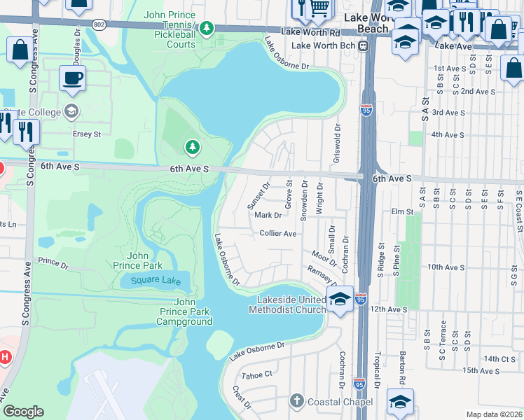 map of restaurants, bars, coffee shops, grocery stores, and more near 2107 Mark Drive in Lake Worth