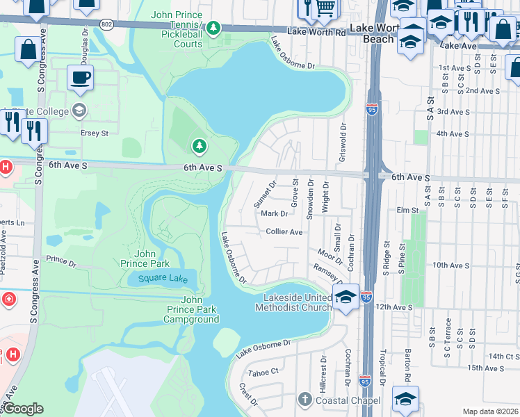 map of restaurants, bars, coffee shops, grocery stores, and more near 2161 Mark Drive in Lake Worth