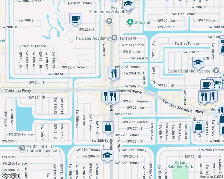 map of restaurants, bars, coffee shops, grocery stores, and more near Veterans Pkwy & Skyline Blvd in Cape Coral