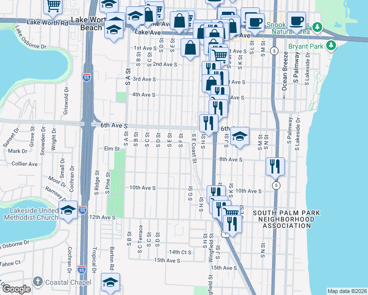 map of restaurants, bars, coffee shops, grocery stores, and more near 711 South F Street in Lake Worth
