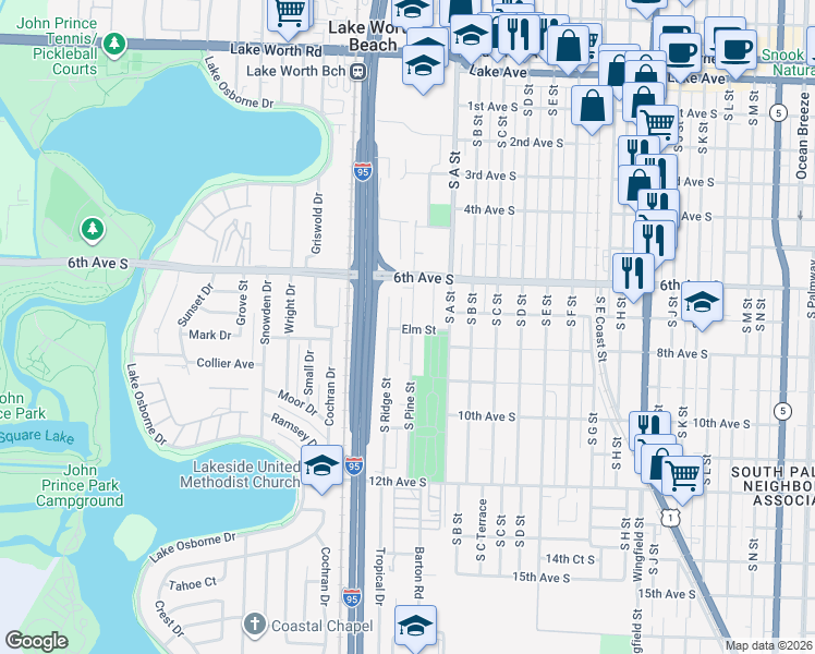 map of restaurants, bars, coffee shops, grocery stores, and more near 649 South Pine Street in Lake Worth