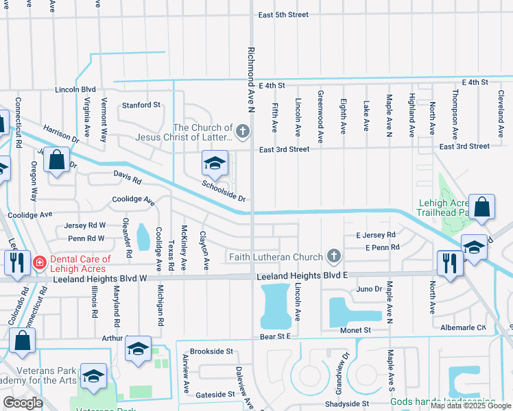 map of restaurants, bars, coffee shops, grocery stores, and more near 200 Richmond Avenue North in Lehigh Acres