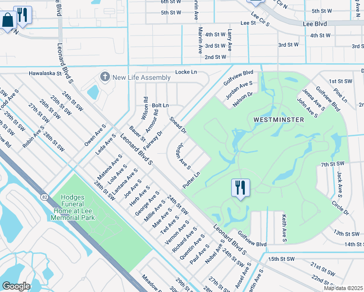 map of restaurants, bars, coffee shops, grocery stores, and more near 4895 Jordan Avenue South in Lehigh Acres