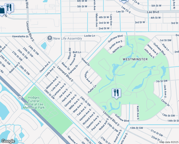 map of restaurants, bars, coffee shops, grocery stores, and more near 4891 Jordan Avenue South in Lehigh Acres