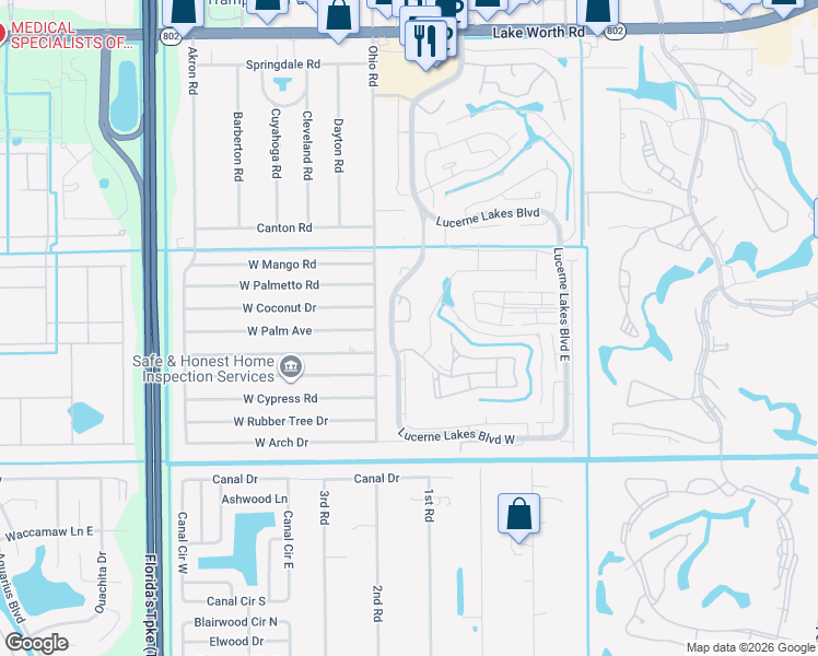 map of restaurants, bars, coffee shops, grocery stores, and more near 4700 Lucerne Lakes Boulevard West in Greenacres