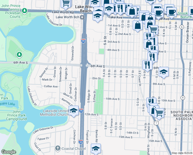 map of restaurants, bars, coffee shops, grocery stores, and more near 648 South Pine Street in Lake Worth