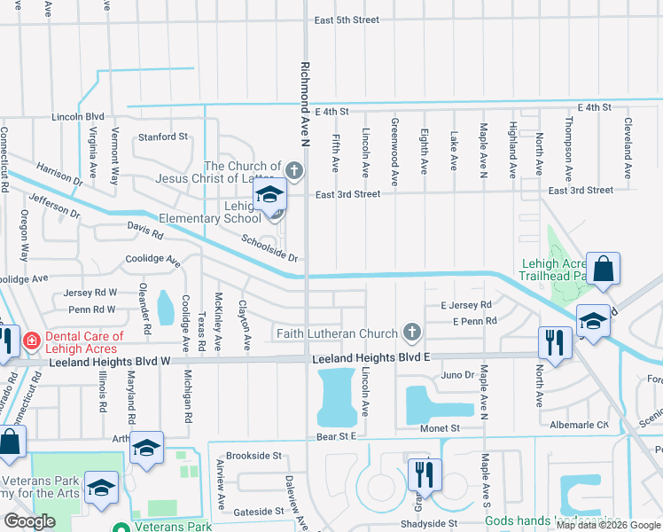 map of restaurants, bars, coffee shops, grocery stores, and more near 201 Fifth Avenue in Lehigh Acres