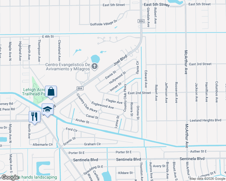 map of restaurants, bars, coffee shops, grocery stores, and more near 310 Inman Street in Lehigh Acres