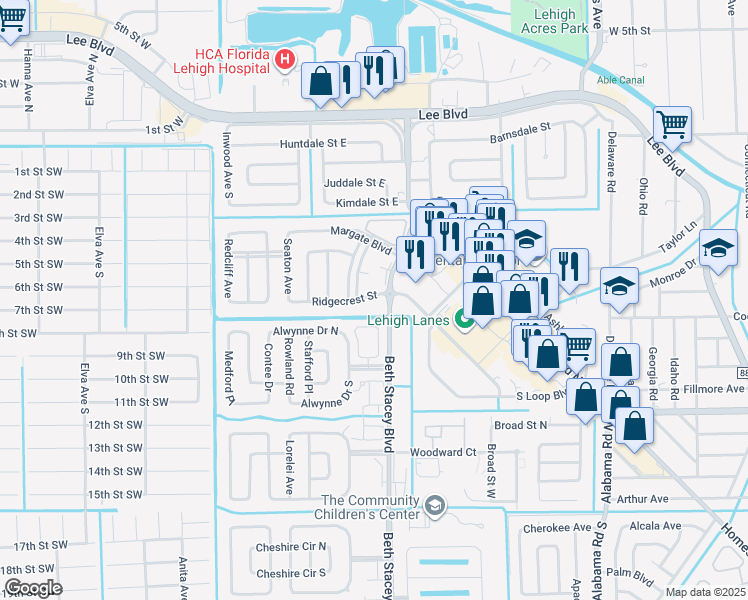 map of restaurants, bars, coffee shops, grocery stores, and more near Business Way in Lehigh Acres
