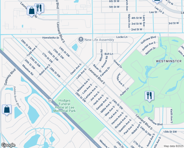 map of restaurants, bars, coffee shops, grocery stores, and more near 5013 Leonard Boulevard South in Lehigh Acres