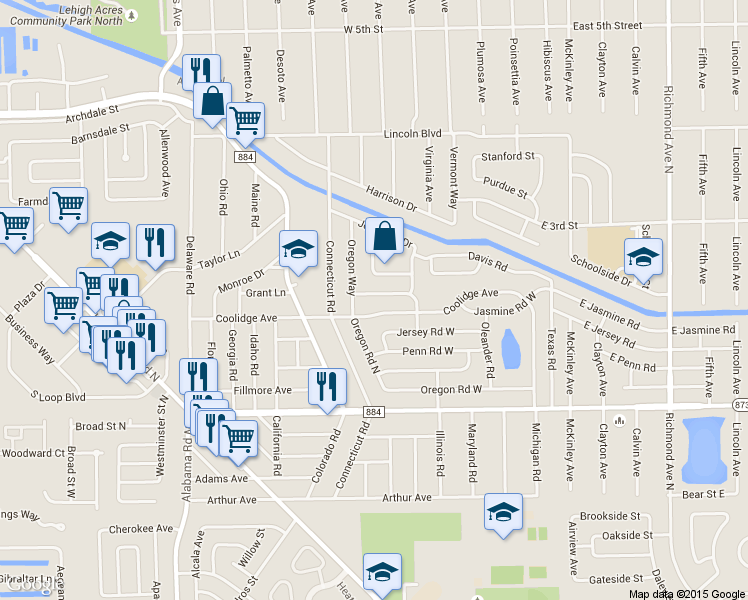 map of restaurants, bars, coffee shops, grocery stores, and more near 510 Wyoming Road in Lehigh Acres
