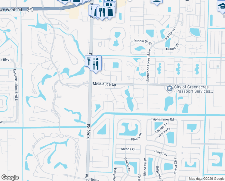 map of restaurants, bars, coffee shops, grocery stores, and more near 414 Pine Glen Lane in Greenacres