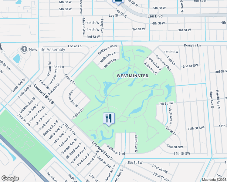 map of restaurants, bars, coffee shops, grocery stores, and more near 2157 Berkley Way in Lehigh Acres