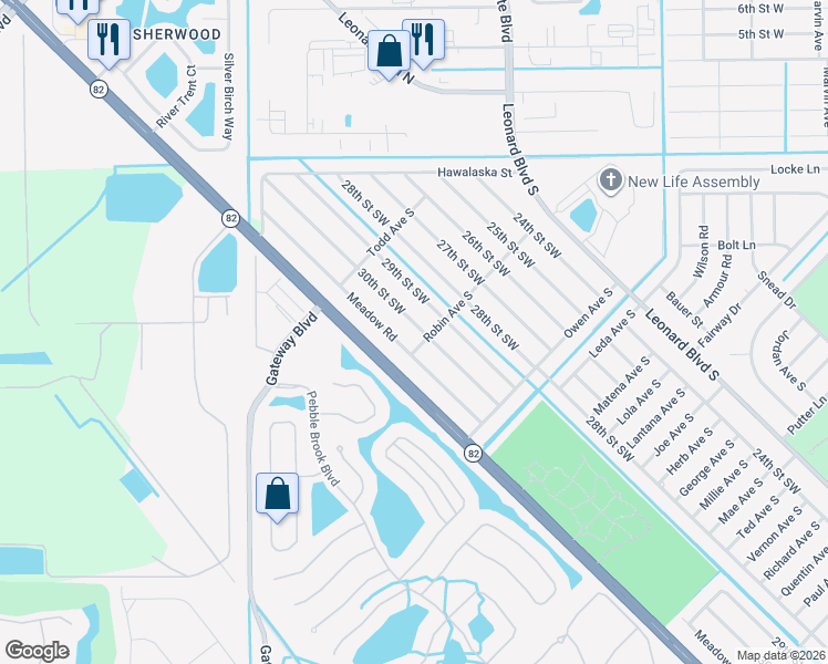 map of restaurants, bars, coffee shops, grocery stores, and more near 189 Meadow Road in Lehigh Acres