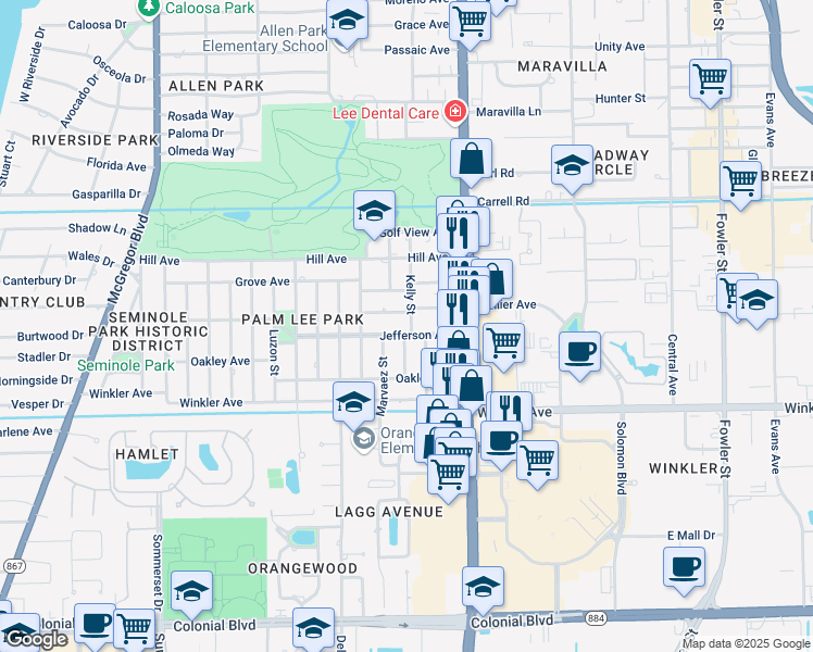 map of restaurants, bars, coffee shops, grocery stores, and more near 1873 Jefferson Avenue in Fort Myers