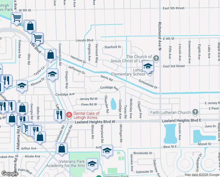 map of restaurants, bars, coffee shops, grocery stores, and more near 140 Coolidge Avenue in Lehigh Acres