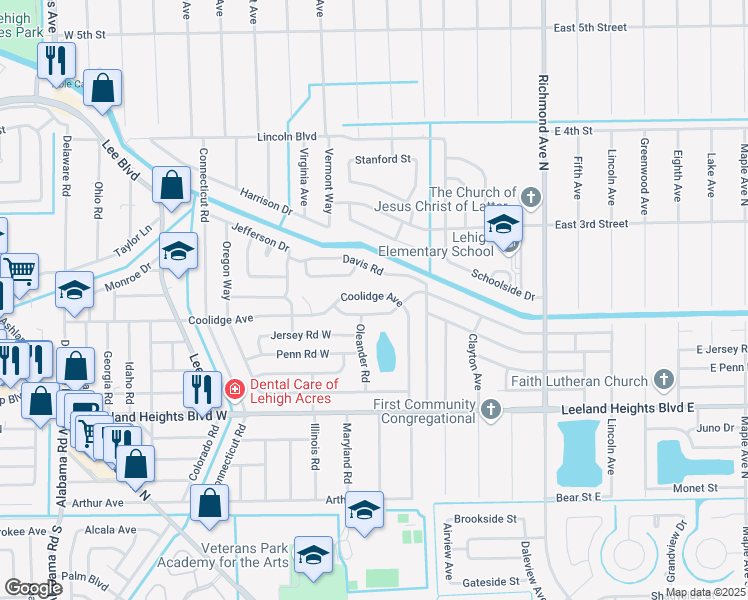 map of restaurants, bars, coffee shops, grocery stores, and more near 140 Coolidge Avenue in Lehigh Acres