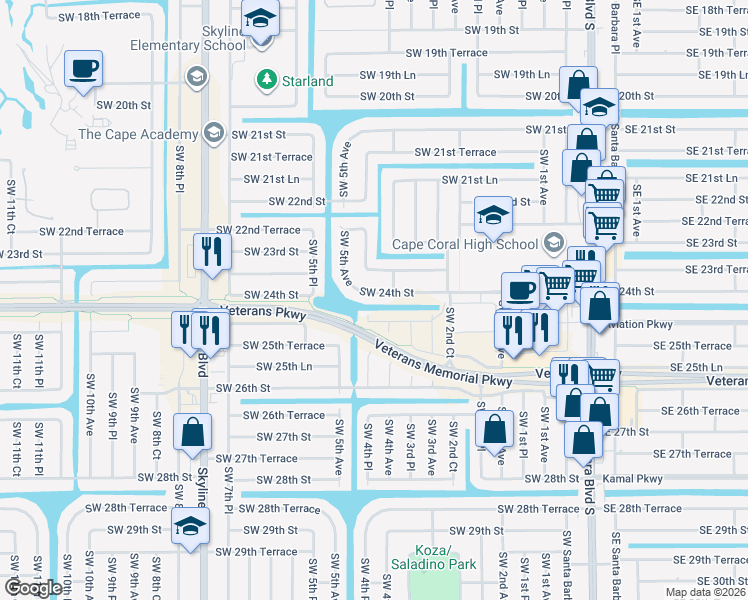 map of restaurants, bars, coffee shops, grocery stores, and more near 2500 Southwest 4th Place in Cape Coral