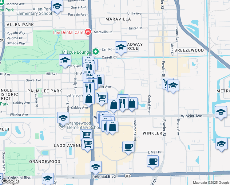 map of restaurants, bars, coffee shops, grocery stores, and more near 2150 Collier Avenue in Fort Myers