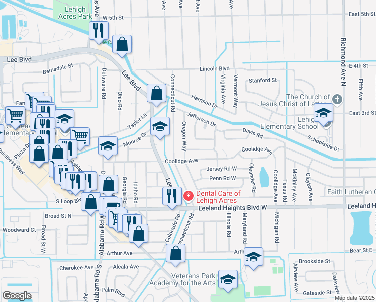 map of restaurants, bars, coffee shops, grocery stores, and more near 206 Oregon Way in Lehigh Acres