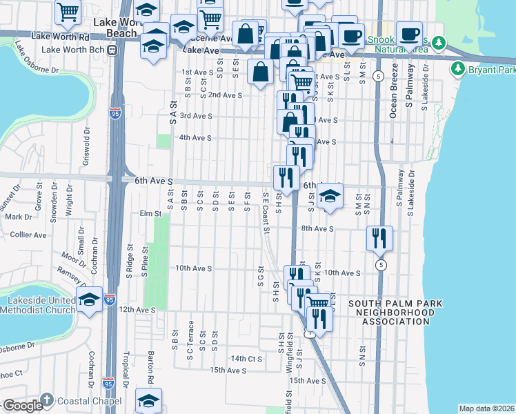 map of restaurants, bars, coffee shops, grocery stores, and more near 701 South J Street in Lake Worth Beach