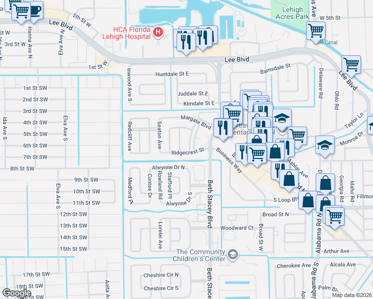 map of restaurants, bars, coffee shops, grocery stores, and more near 1700 Ridgecrest Street in Lehigh Acres
