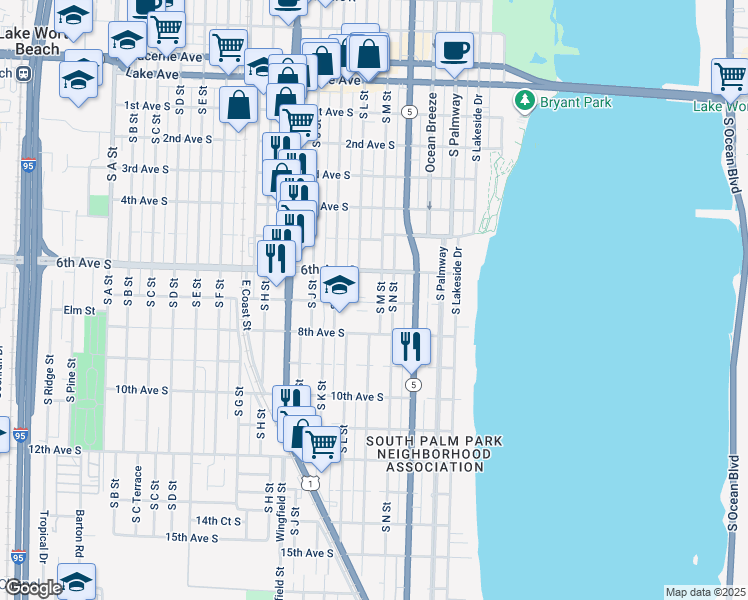 map of restaurants, bars, coffee shops, grocery stores, and more near 706 South M Street in Lake Worth