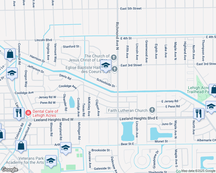 map of restaurants, bars, coffee shops, grocery stores, and more near 203 East Jasmine Road in Lehigh Acres