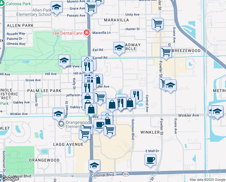 map of restaurants, bars, coffee shops, grocery stores, and more near 2150 Collier Avenue in Fort Myers