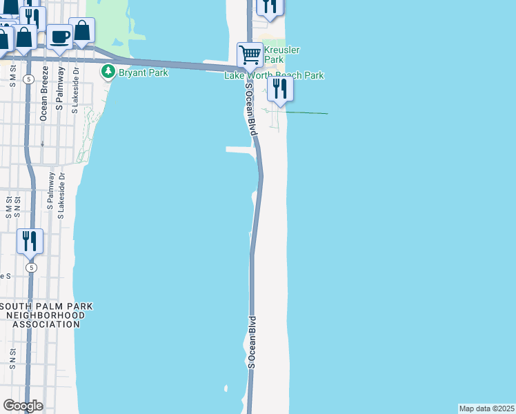 map of restaurants, bars, coffee shops, grocery stores, and more near 3545 South Ocean Boulevard in Palm Beach