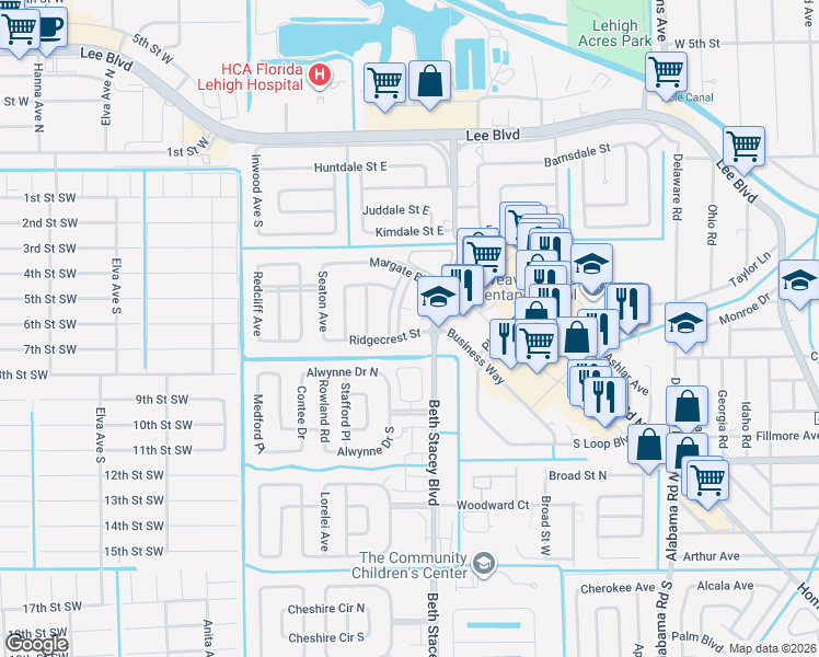 map of restaurants, bars, coffee shops, grocery stores, and more near Business Way in Lehigh Acres