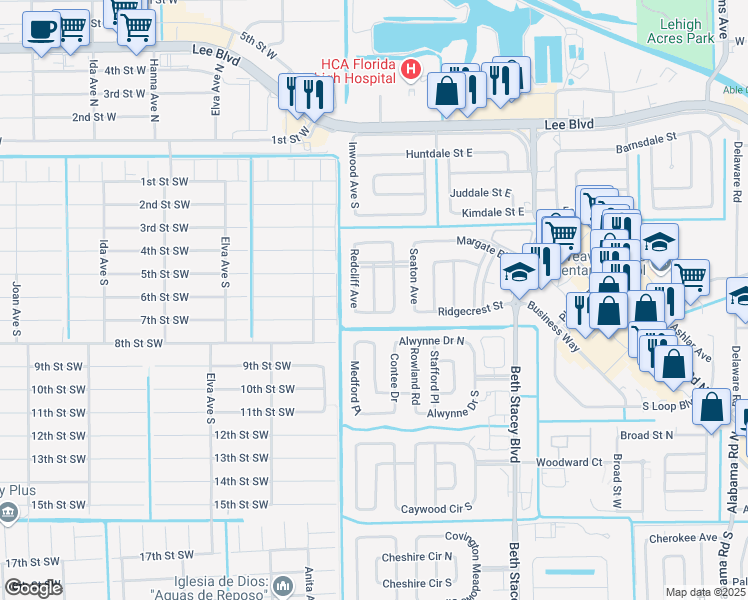 map of restaurants, bars, coffee shops, grocery stores, and more near 200 Norwich Avenue in Lehigh Acres