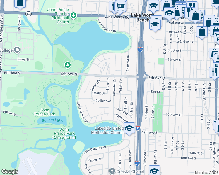 map of restaurants, bars, coffee shops, grocery stores, and more near 725 Snowden Drive in Lake Worth