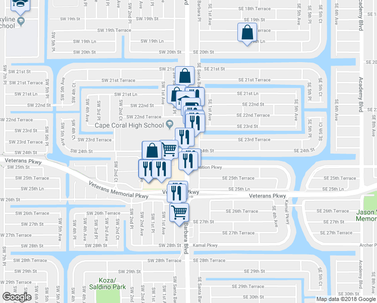 map of restaurants, bars, coffee shops, grocery stores, and more near 2401 Santa Barbara Boulevard in Cape Coral