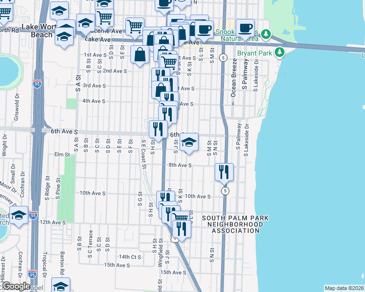 map of restaurants, bars, coffee shops, grocery stores, and more near 710 South J Street in Lake Worth